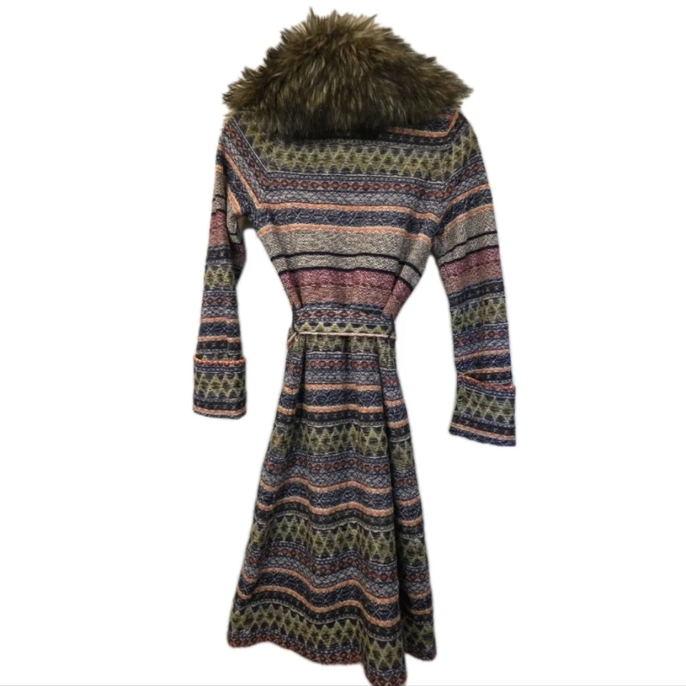 Anthro Angel of the North Faux Fur Collar Long Cardigan Lambswool Sweater XS - Picture 2 of 13